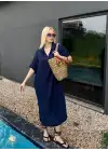 Bohem Lacivert Keten Polo Yaka Elbise