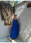 Bohemian Saks Mavi Ayarlanabilir İp Askılı Salaş Elbise