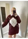 Bordo Baklava Desen Triko Oversize Kazak