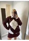 Bordo Baklava Desen Triko Oversize Kazak