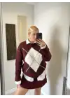 Bordo Baklava Desen Triko Oversize Kazak