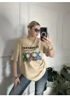 Burbe Bej Ayıcık Baskılı %100 Pamuk Orijinal Marka Etiketli Oversize Tshirt