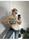 Burbe Bej Ayıcık Baskılı %100 Pamuk Orijinal Marka Etiketli Oversize Tshirt