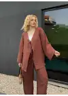 Ferina Kahve Muslin Ön Bağlamalı Kimono Takım