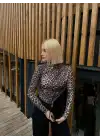 Holly Kahve Leopar Drapeli Bluz
