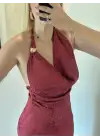 Jakarlı Saten Degaje Yaka Bordo Elbise