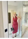 Jakarlı Saten Degaje Yaka Bordo Elbise