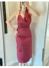 Jakarlı Saten Degaje Yaka Bordo Elbise