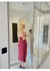 Jakarlı Saten Degaje Yaka Bordo Elbise