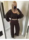 Kahve Bel Katlamalı Lastikli Paça Eşofman Alt