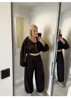 Kahve Hırka/Pantolon/Crop Üçlü Takım