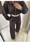 Kahve Hırka/Pantolon/Crop Üçlü Takım