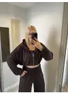 Kahve Hırka/Pantolon/Crop Üçlü Takım