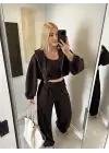 Kahve Hırka/Pantolon/Crop Üçlü Takım