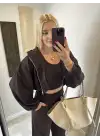 Kahve Hırka/Pantolon/Crop Üçlü Takım