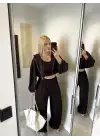 Kahve Hırka/Pantolon/Crop Üçlü Takım