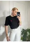 Kalp Nakış Orijinal Marka Oversize Pamuk Siyah Tshirt