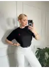 Kalp Nakış Orijinal Marka Oversize Pamuk Siyah Tshirt