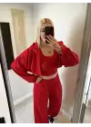 Kırmızı Hırka/Pantolon/Crop Üçlü Takım
