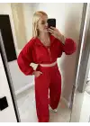 Kırmızı Hırka/Pantolon/Crop Üçlü Takım