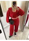 Kırmızı Hırka/Pantolon/Crop Üçlü Takım