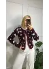 Lina Bordo Gold Düğmeli Leopar Yumoş Triko Hırka
