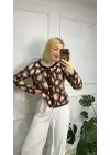 Lina Kahve Gold Düğmeli Leopar Yumoş Triko Hırka