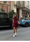 Mireva Bordo Volanlı Kısa Kol Modal Elbise