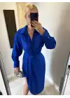 MNG Saten Saks Mavi Yırtmaçlı Elbise