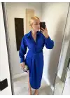 MNG Saten Saks Mavi Yırtmaçlı Elbise
