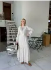 Olivette Kırık Beyaz Fırfırlı Premium Astarlı Tam Boy Elbise