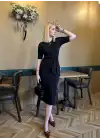 Roselin Siyah Belden Bağlamalı Midi Boy Esnek Elbise