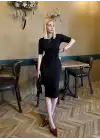 Roselin Siyah Belden Bağlamalı Midi Boy Esnek Elbise