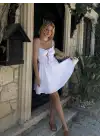 Ruffle Beyaz Keten Bağlama Detay Astarlı Mini Elbise