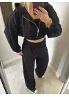 Siyah Hırka/Pantolon/Crop Üçlü Takım