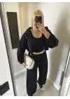 Siyah Hırka/Pantolon/Crop Üçlü Takım