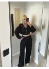 Siyah Hırka/Pantolon/Crop Üçlü Takım