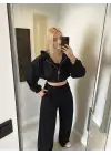 Siyah Hırka/Pantolon/Crop Üçlü Takım