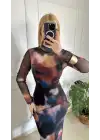 Solwe Desenli Tül Midi Boy Elbise