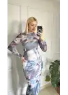 Solwe Desenli Tül Midi Boy Elbise