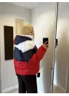 Üç Renkli Kapüşonlu Şişme Mont