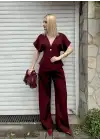 Valera Bordo Yarasa Kol Tek Düğme Astarlı Blazer Pantolon Takım