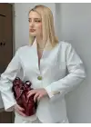 Velvet Beyaz Gold Büyük Tek Düğmeli İç Astarlı Beyaz Blazer Ceket