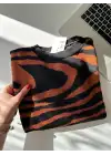 Zenya Kahverengi Zebra Desen Triko Kazak