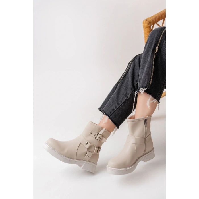 02-2013 Bej Toka Aksesuarlı Fermuarlı Günlük Kadın Bot