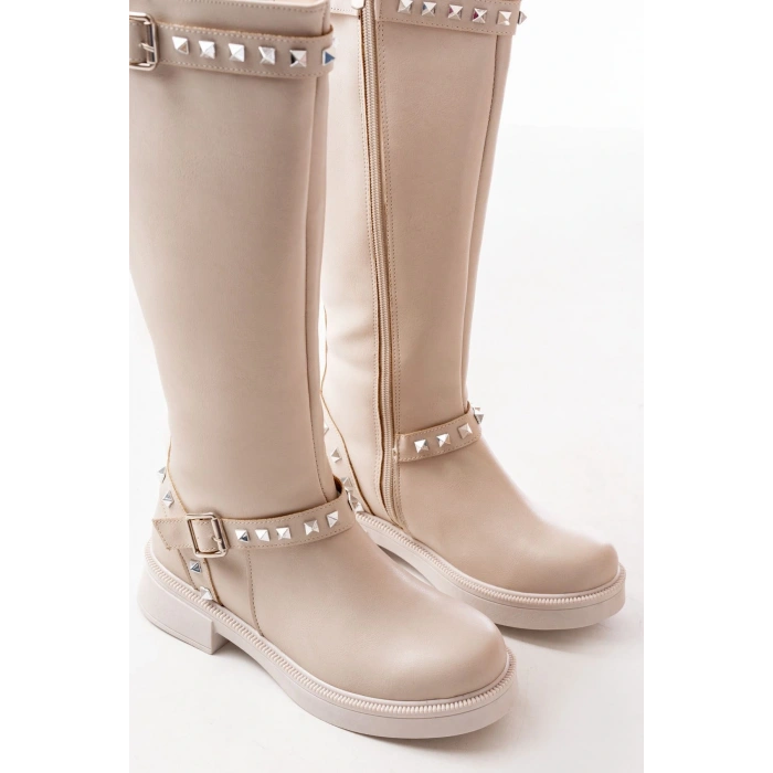 02-307 Bej Düz Topuklu Günlük Bayan Binici Çizme