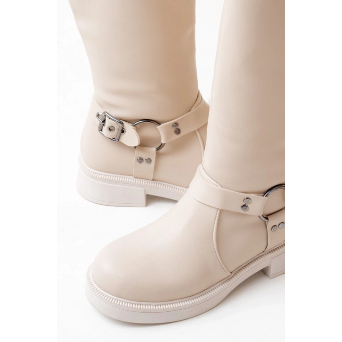 02-312 Bej Toka Aksesuarlı Fermuarlı Günlük Kadın Çizme