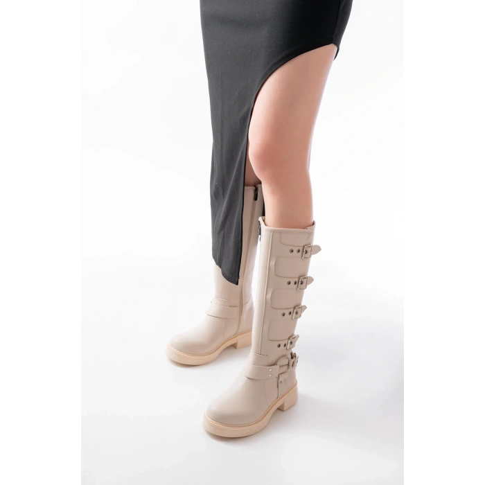 02-346 Bej Düz Topuklu Günlük Bayan Binici Çizme