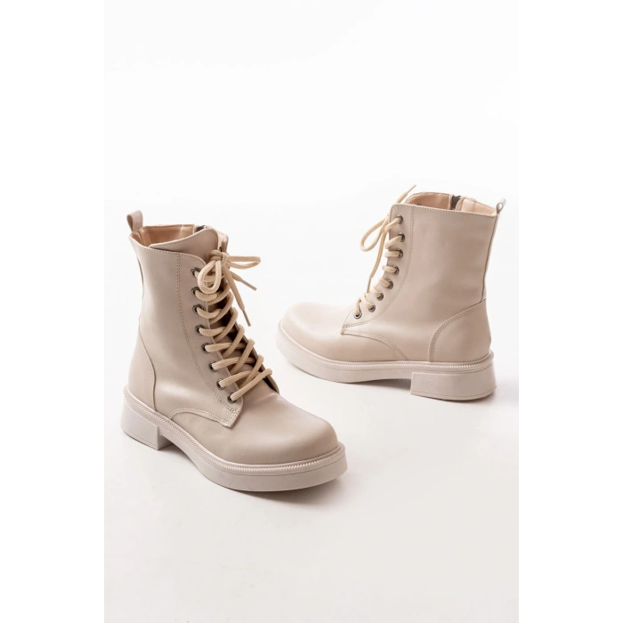 02-356 Bej Düz Topuklu Bağcıklı Fermuarlı Günlük Kadın Bot