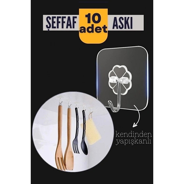 10'lu Şeffaf Kendinden Yapışkanlı Güçlü Askı Kancası, Banyo Mutfak Organizer, İz Bırakmaz Pratik Askı